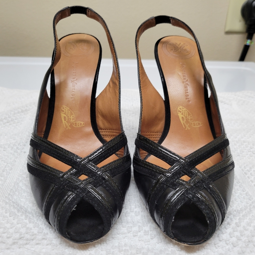 Modern Vintage Sexy Black Leather Peep Toe Wedge Stiletto Size: 36.5 EU/6.5 USA